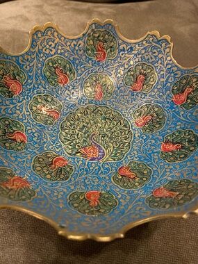 Hand Crafted Metal Brass Floral Bowl- Catch All- Keys- Nuts- Fruit  6”